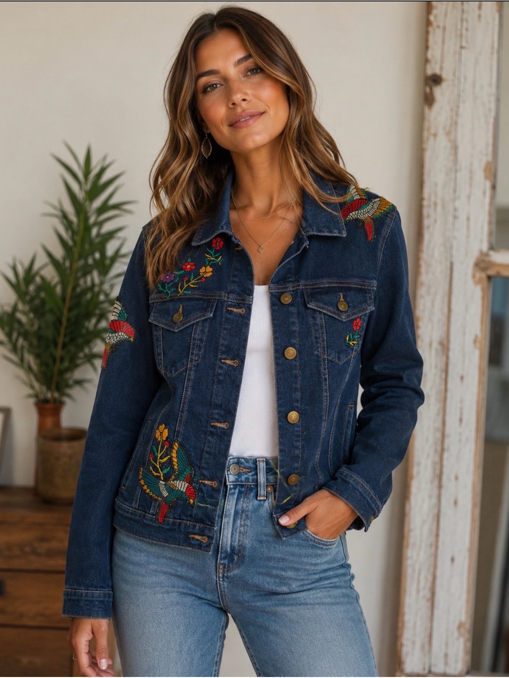 Mavi Jeans Co .  Blue Embroidered Denim Jacket - Women's Floral & Bird Detail